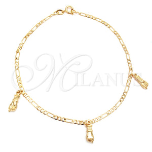 Tobillera de Dije 03.58.0017.10 Oro Laminado, Diseño de Mano de Figa y Figaro, Pulido, Tono Dorado (04 MM Thickness, 10 Inches Length)