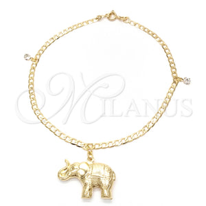 Tobillera de Dije 03.58.0019.10 Oro Laminado, Diseño de Elefante y Cubana Concava, Pulido, Tono Dorado (04 MM Thickness, 10 Inches Length)