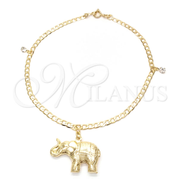 Tobillera de Dije 03.58.0019.10 Oro Laminado, Diseño de Elefante y Cubana Concava, Pulido, Tono Dorado (04 MM Thickness, 10 Inches Length)