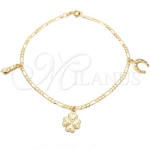 Tobillera de Dije 03.58.0020.10 Oro Laminado, Diseño de Herradura y Trébol de Cuatro Hojas, Pulido, Tono Dorado (04 MM Thickness, 10 Inches Length)