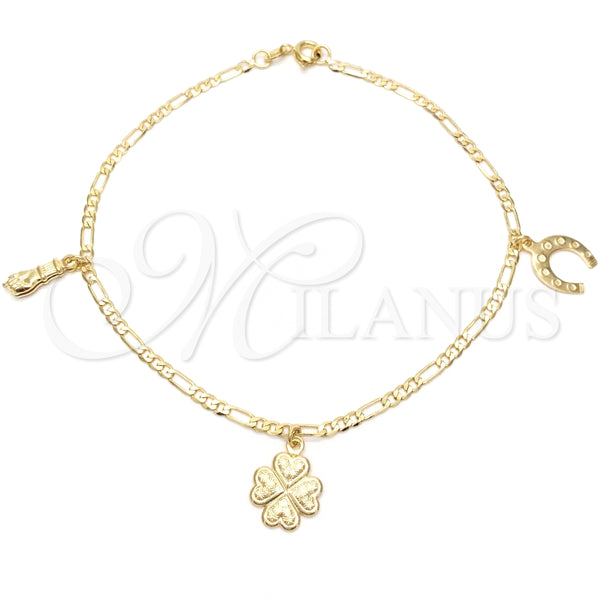 Tobillera de Dije 03.58.0020.10 Oro Laminado, Diseño de Herradura y Trébol de Cuatro Hojas, Pulido, Tono Dorado (04 MM Thickness, 10 Inches Length)