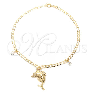 Tobillera de Dije 03.58.0021.10 Oro Laminado, Diseño de Delfín y Cubana, con Blanca Zirconia Cubica, Pulido, Tono Dorado (04 MM Thickness, 10 Inches Length)