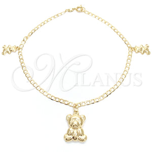 Tobillera de Dije 03.58.0022.10 Oro Laminado, Diseño de Osito y Cubana, Pulido, Tono Dorado (04 MM Thickness, 10 Inches Length)