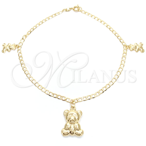 Tobillera de Dije 03.58.0022.10 Oro Laminado, Diseño de Osito y Cubana, Pulido, Tono Dorado (04 MM Thickness, 10 Inches Length)