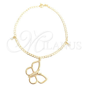 Tobillera de Dije 03.58.0025.10 Oro Laminado, Diseño de Mariposa y Figaro, con Blanca Zirconia Cubica, Pulido, Tono Dorado (04 MM Thickness, 10 Inches Length)