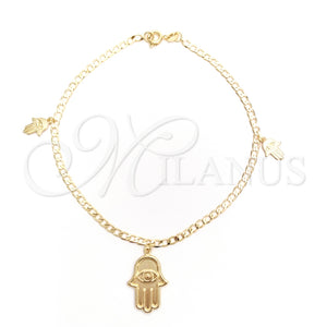 Tobillera de Dije 03.58.0080.10 Oro Laminado, Diseño de Mano de Dios y Cubana Concava, Pulido, Tono Dorado (04 MM Thickness, 10 Inches Length)