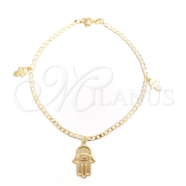 Tobillera de Dije 03.58.0080.10 Oro Laminado, Diseño de Mano de Dios y Cubana Concava, Pulido, Tono Dorado (04 MM Thickness, 10 Inches Length)
