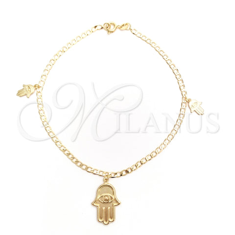 Tobillera de Dije 03.58.0080.10 Oro Laminado, Diseño de Mano de Dios y Cubana Concava, Pulido, Tono Dorado (04 MM Thickness, 10 Inches Length)