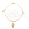 Tobillera de Dije 03.58.0080.10 Oro Laminado, Diseño de Mano de Dios y Cubana Concava, Pulido, Tono Dorado (04 MM Thickness, 10 Inches Length)