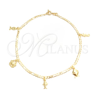 Tobillera de Dije 03.58.0030.10 Oro Laminado, Diseño de Caballo de Mar y Pescado, Pulido, Tono Dorado (04 MM Thickness, 10 Inches Length)