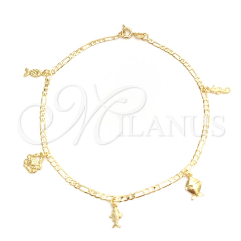 Tobillera de Dije 03.58.0030.10 Oro Laminado, Diseño de Caballo de Mar y Pescado, Pulido, Tono Dorado (04 MM Thickness, 10 Inches Length)