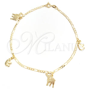 Tobillera de Dije 03.58.0031.10 Oro Laminado, Diseño de Elefante y Figaro, Pulido, Tono Dorado (04 MM Thickness, 10 Inches Length)