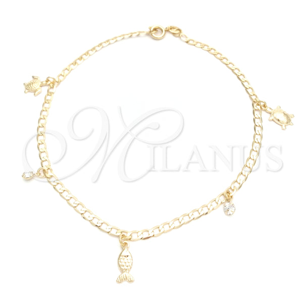 Tobillera de Dije 03.58.0036.10 Oro Laminado, Diseño de Tortuga y Cubana, con Blanca Zirconia Cubica, Pulido, Tono Dorado (04 MM Thickness, 10 Inches Length)