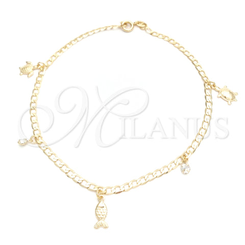Tobillera de Dije 03.58.0036.10 Oro Laminado, Diseño de Tortuga y Cubana, con Blanca Zirconia Cubica, Pulido, Tono Dorado (04 MM Thickness, 10 Inches Length)
