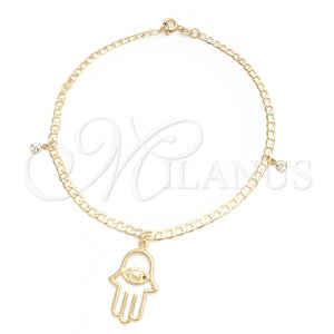 Tobillera de Dije 03.58.0037.10 Oro Laminado, Diseño de Mano de Dios y Cubana, con Blanca Zirconia Cubica, Pulido, Tono Dorado (04 MM Thickness, 10 Inches Length)