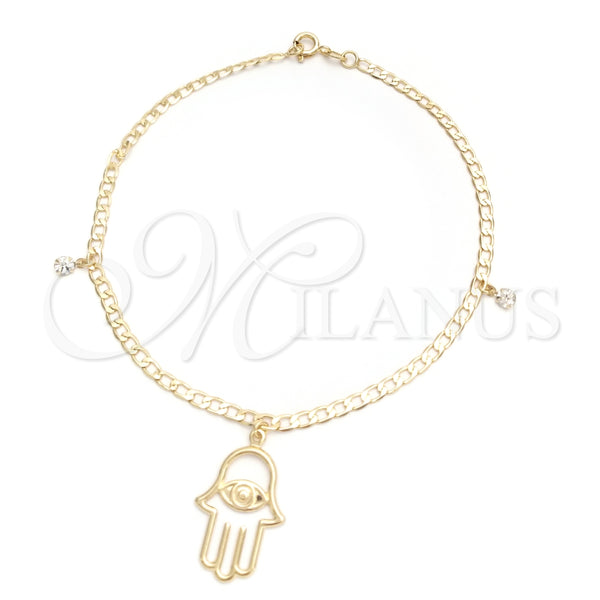Tobillera de Dije 03.58.0037.10 Oro Laminado, Diseño de Mano de Dios y Cubana, con Blanca Zirconia Cubica, Pulido, Tono Dorado (04 MM Thickness, 10 Inches Length)