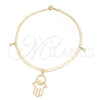 Tobillera de Dije 03.58.0037.10 Oro Laminado, Diseño de Mano de Dios y Cubana, con Blanca Zirconia Cubica, Pulido, Tono Dorado (04 MM Thickness, 10 Inches Length)