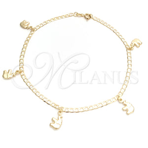 Tobillera de Dije 03.58.0038.10 Oro Laminado, Diseño de Elefante y Cubana Concava, Pulido, Tono Dorado (04 MM Thickness, 10 Inches Length)