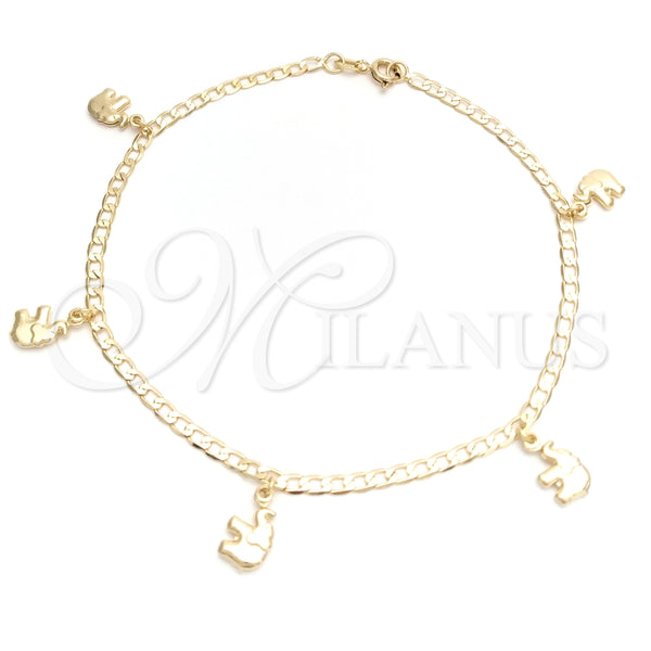 Tobillera de Dije 03.58.0038.10 Oro Laminado, Diseño de Elefante y Cubana Concava, Pulido, Tono Dorado (04 MM Thickness, 10 Inches Length)