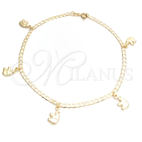 Tobillera de Dije 03.58.0038.10 Oro Laminado, Diseño de Elefante y Cubana Concava, Pulido, Tono Dorado (04 MM Thickness, 10 Inches Length)