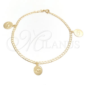 Tobillera de Dije 03.58.0040.10 Oro Laminado, Diseño de Ojo Griego y Cubana, Pulido, Tono Dorado (04 MM Thickness, 10 Inches Length)