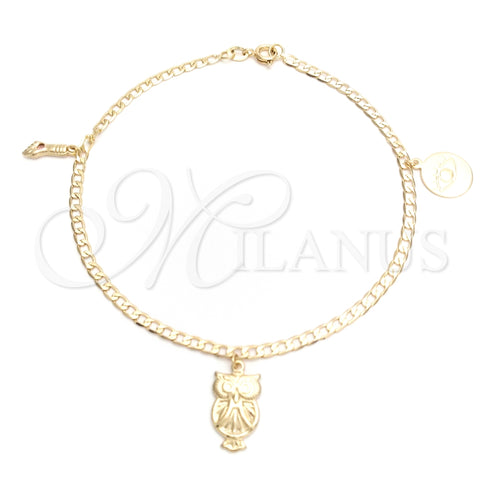 Tobillera de Dije 03.58.0042.10 Oro Laminado, Diseño de Ojo Griego y Mano de Figa, Pulido, Tono Dorado (04 MM Thickness, 10 Inches Length)