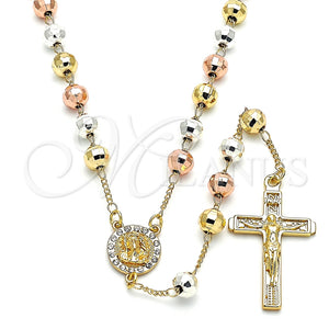 Rosario Mediano 09.253.0054.26 Oro Laminado, Diseño de Jesus y Crucifijo, con Blanca Cristal, Pulido, Tres Tonos