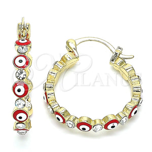 Argolla Pequeña 02.213.0223.25 Oro Laminado, Diseño de Ojo Griego, con Blanca Cristal, Esmaltado Rojo, Tono Dorado