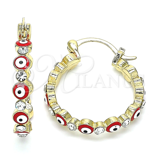 Argolla Pequeña 02.213.0223.25 Oro Laminado, Diseño de Ojo Griego, con Blanca Cristal, Esmaltado Rojo, Tono Dorado