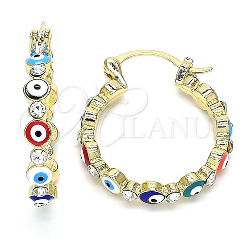 Argolla Pequeña 02.213.0223.2.25 Oro Laminado, Diseño de Ojo Griego, con Blanca Cristal, Esmaltado Multicolor, Tono Dorado