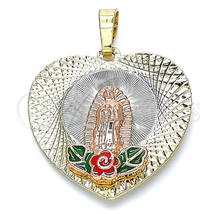 Dije Religioso 05.380.0099 Oro Laminado, Diseño de Guadalupe y Flor, Esmaltado Multicolor, Tres Tonos