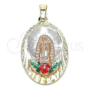 Dije Religioso 05.380.0100 Oro Laminado, Diseño de Guadalupe y Flor, Esmaltado Multicolor, Tres Tonos