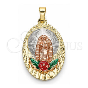 Dije Religioso 05.380.0100 Oro Laminado, Diseño de Guadalupe y Flor, Esmaltado Multicolor, Tres Tonos