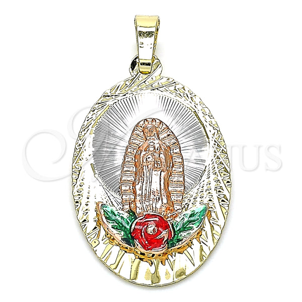 Dije Religioso 05.380.0100 Oro Laminado, Diseño de Guadalupe y Flor, Esmaltado Multicolor, Tres Tonos