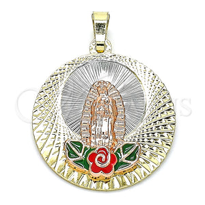 Dije Religioso 05.380.0101 Oro Laminado, Diseño de Guadalupe y Flor, Esmaltado Multicolor, Tres Tonos