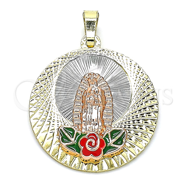 Dije Religioso 05.380.0101 Oro Laminado, Diseño de Guadalupe y Flor, Esmaltado Multicolor, Tres Tonos