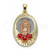 Dije Religioso 05.380.0102 Oro Laminado, Diseño de Guadalupe y Flor, Esmaltado Rojo, Tres Tonos