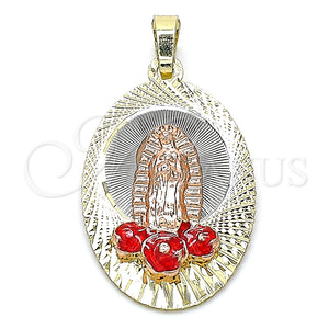 Dije Religioso 05.380.0102 Oro Laminado, Diseño de Guadalupe y Flor, Esmaltado Rojo, Tres Tonos