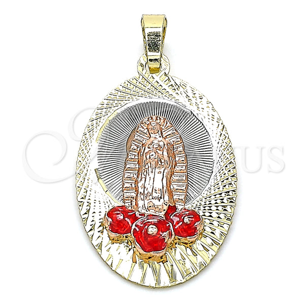 Dije Religioso 05.380.0102 Oro Laminado, Diseño de Guadalupe y Flor, Esmaltado Rojo, Tres Tonos