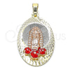 Dije Religioso 05.380.0102 Oro Laminado, Diseño de Guadalupe y Flor, Esmaltado Rojo, Tres Tonos