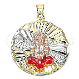 Dije Religioso 05.380.0103 Oro Laminado, Diseño de Guadalupe y Flor, Esmaltado Rojo, Tres Tonos