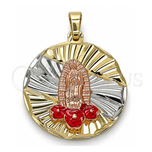 Dije Religioso 05.380.0103 Oro Laminado, Diseño de Guadalupe y Flor, Esmaltado Rojo, Tres Tonos