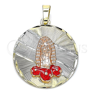 Dije Religioso 05.380.0105 Oro Laminado, Diseño de Guadalupe y Flor, Esmaltado Rojo, Tres Tonos