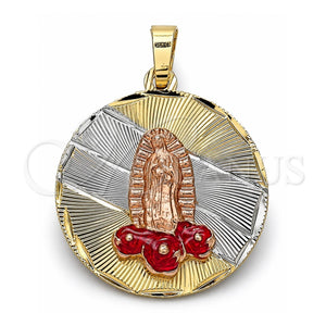 Dije Religioso 05.380.0105 Oro Laminado, Diseño de Guadalupe y Flor, Esmaltado Rojo, Tres Tonos