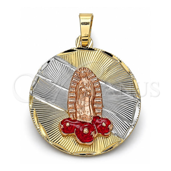 Dije Religioso 05.380.0105 Oro Laminado, Diseño de Guadalupe y Flor, Esmaltado Rojo, Tres Tonos