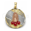 Dije Religioso 05.380.0105 Oro Laminado, Diseño de Guadalupe y Flor, Esmaltado Rojo, Tres Tonos