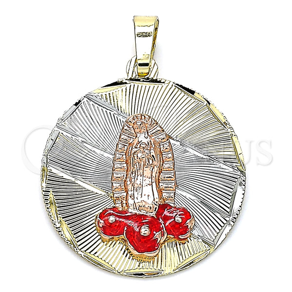 Dije Religioso 05.380.0105 Oro Laminado, Diseño de Guadalupe y Flor, Esmaltado Rojo, Tres Tonos