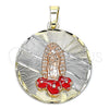Dije Religioso 05.380.0105 Oro Laminado, Diseño de Guadalupe y Flor, Esmaltado Rojo, Tres Tonos