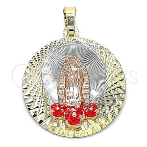 Dije Religioso 05.380.0106 Oro Laminado, Diseño de Guadalupe y Flor, Esmaltado Rojo, Tres Tonos