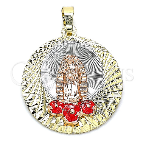 Dije Religioso 05.380.0106 Oro Laminado, Diseño de Guadalupe y Flor, Esmaltado Rojo, Tres Tonos